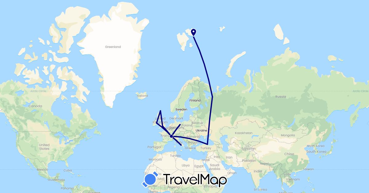 TravelMap itinerary: driving in Switzerland, Germany, France, United Kingdom, Ireland, Italy, Norway, Russia, Turkey (Asia, Europe)